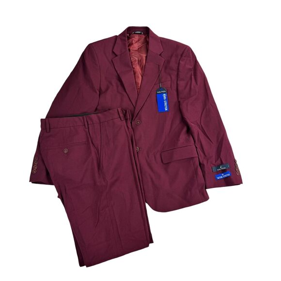 Nautica Mens 2-Piece Modern Fit Stretch Solid Suit Burgundy Red 36S 30W